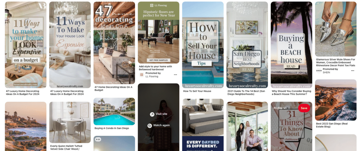 Pinterest page for Luxury SoCal Realty.